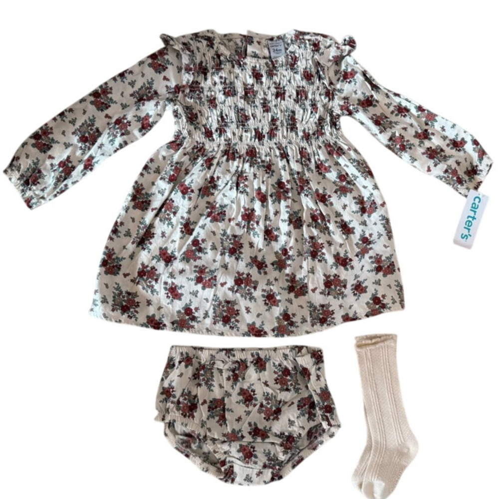 Carter’s Floral Dress Set 24M Baby Girl  Long Sleeve Dress, Bloomers & Socks NWT